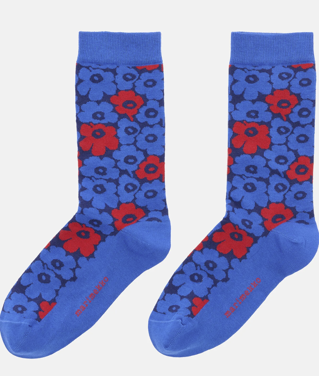 Marimekko Linjaus Pikkuinen Unikko Socks Blue and Red