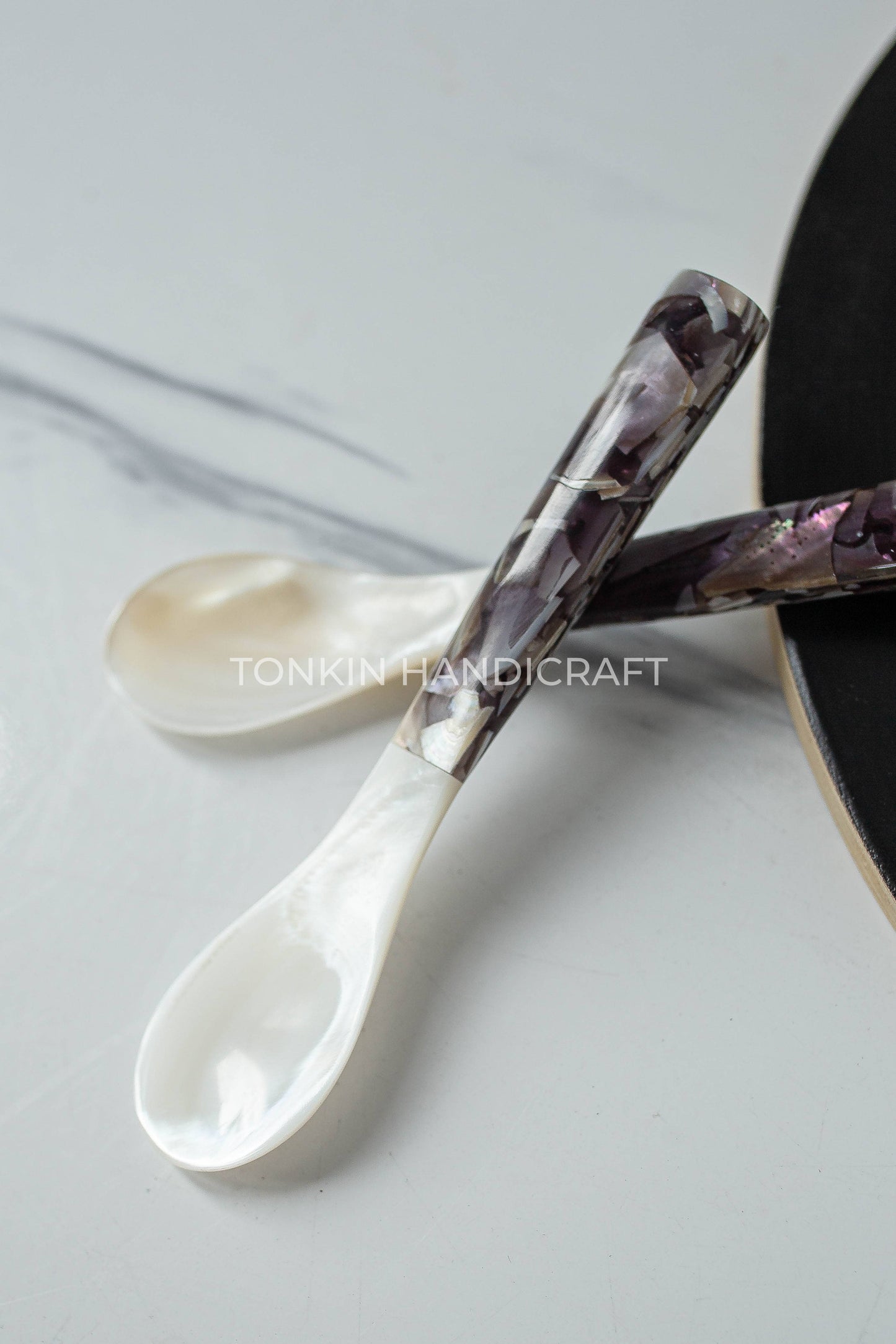 Mother of Pearl Seashell Spoon with Black handle and Pearl Flecks