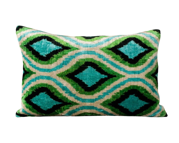 Silk Velvet Ikat Pillow Green Blue Diamond Cover