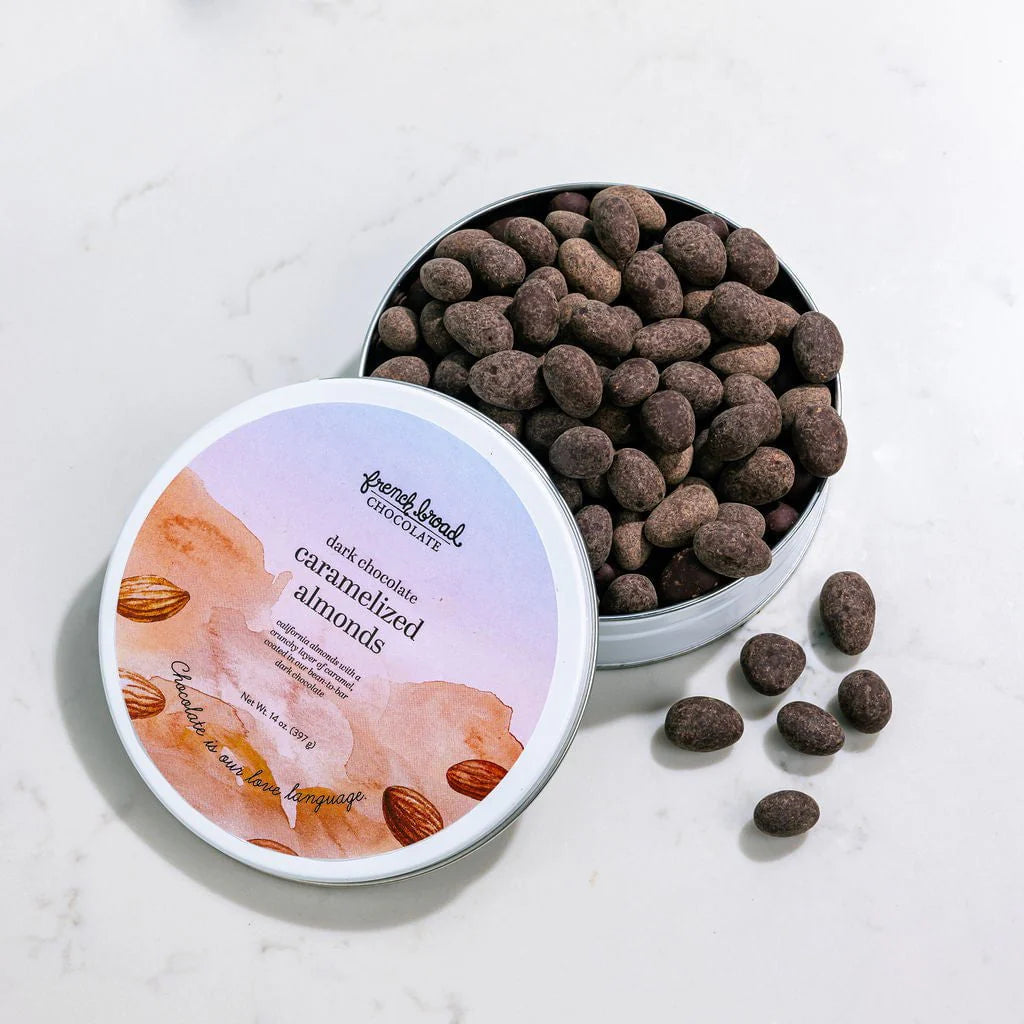 French Broad Dark Chocolate-Covered Caramelized Almonds 14 oz Tin