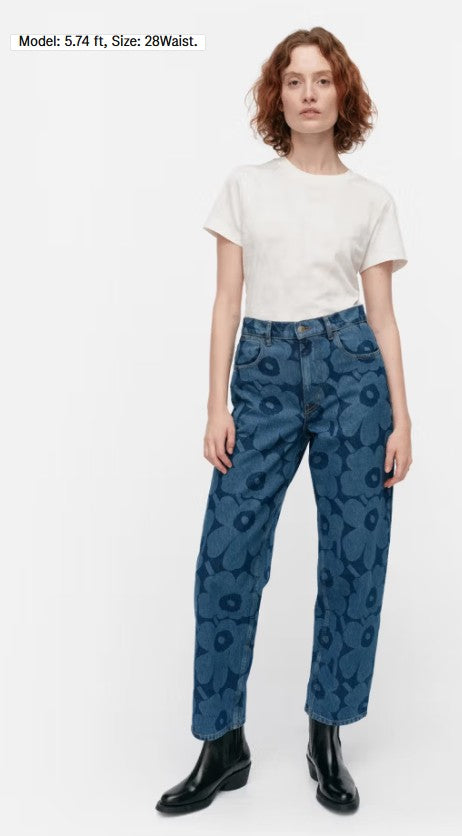 Marimekko Maridenim Blue Denim Unikko Barrel Leg Leg Jean