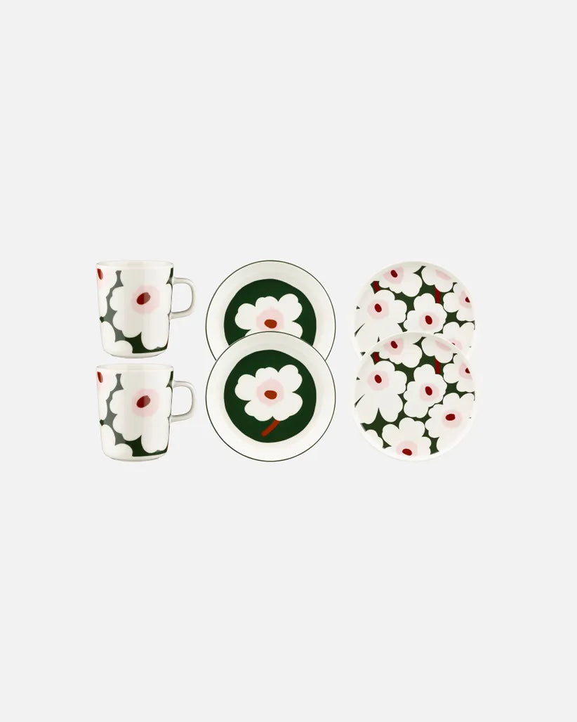 Marimekko Unikko Green White and Burgundy Dinner Set