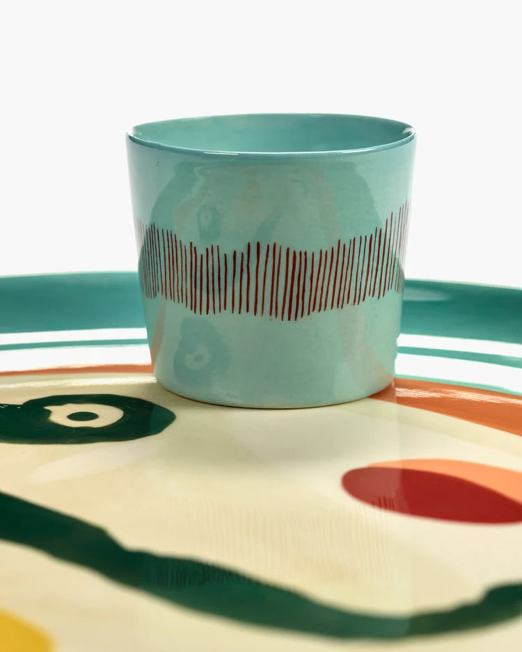 Turquoise Ceramic Espresso cup with Red Stripes by Ottolenghi