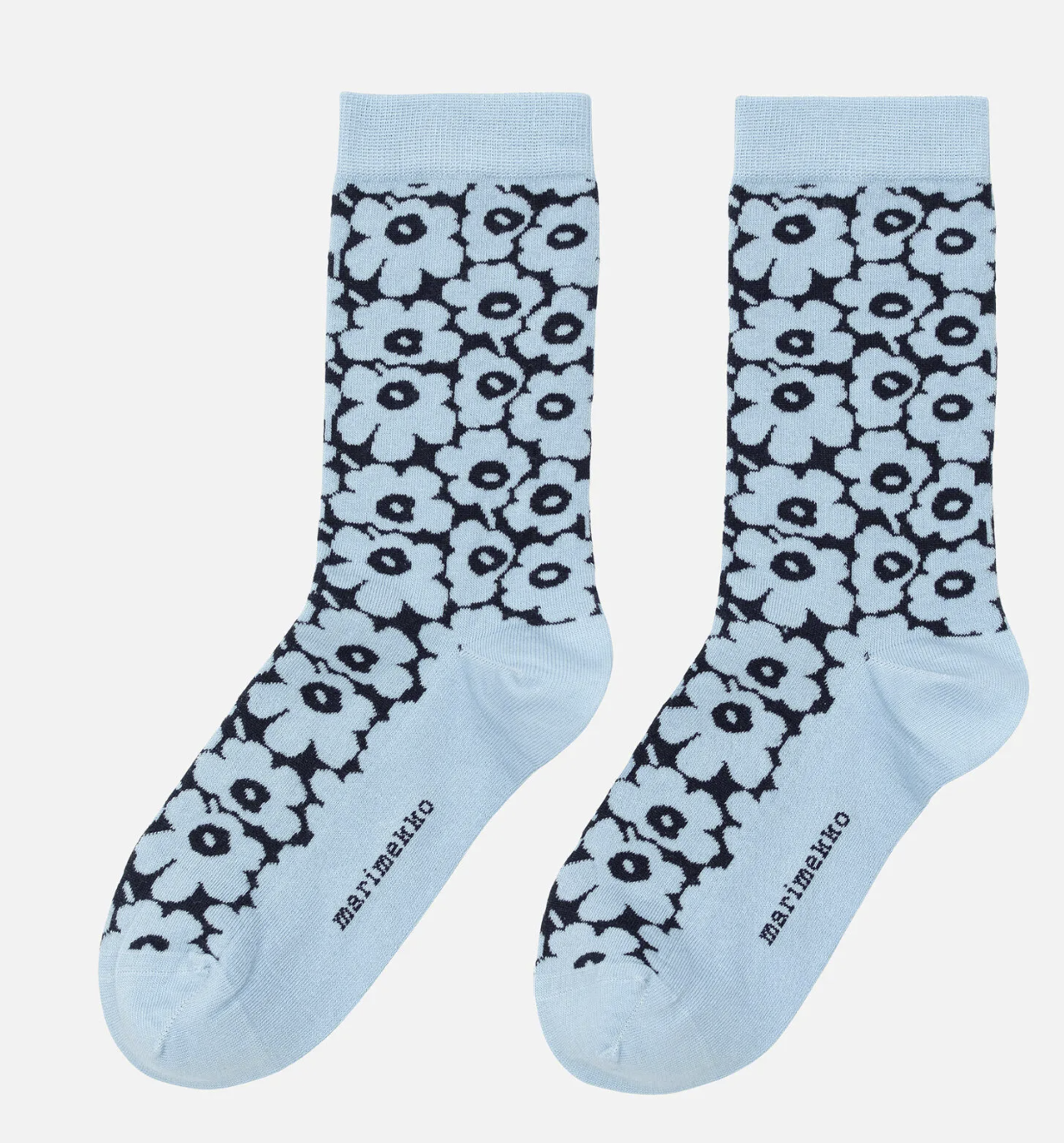 Light Blue Marimekko socks with black floral pattern on a white background