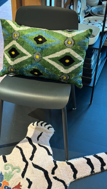 Silk Velvet Ikat Green and Blue Diamond Pillow Cover and Insert