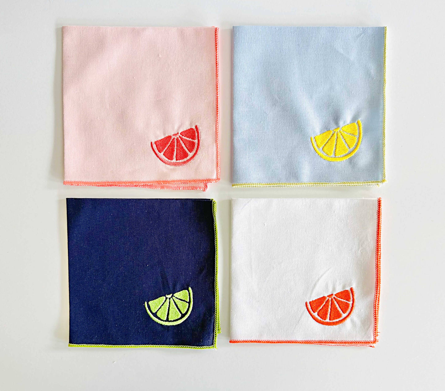 Citrus Embroidered Linen Cocktail Napkins, set of four