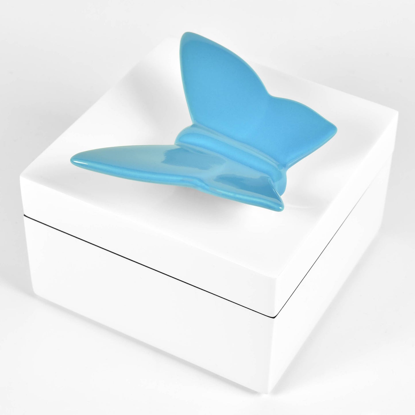White Lacquered Square Box with Blue Butterfly Handle