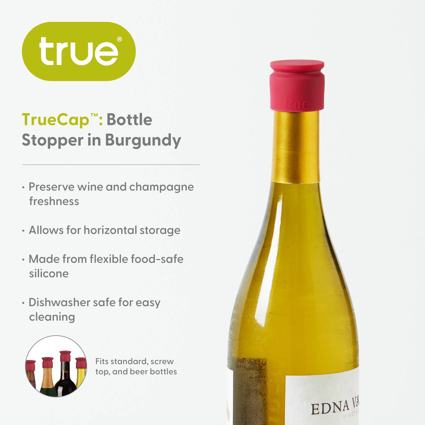 TrueCap Silicone Bottle Stopper in Burgundy - Bulk
