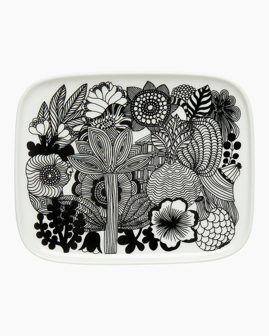 Marimekko Small Rectangular Plate Black and White Floral 15 x 12 cm
