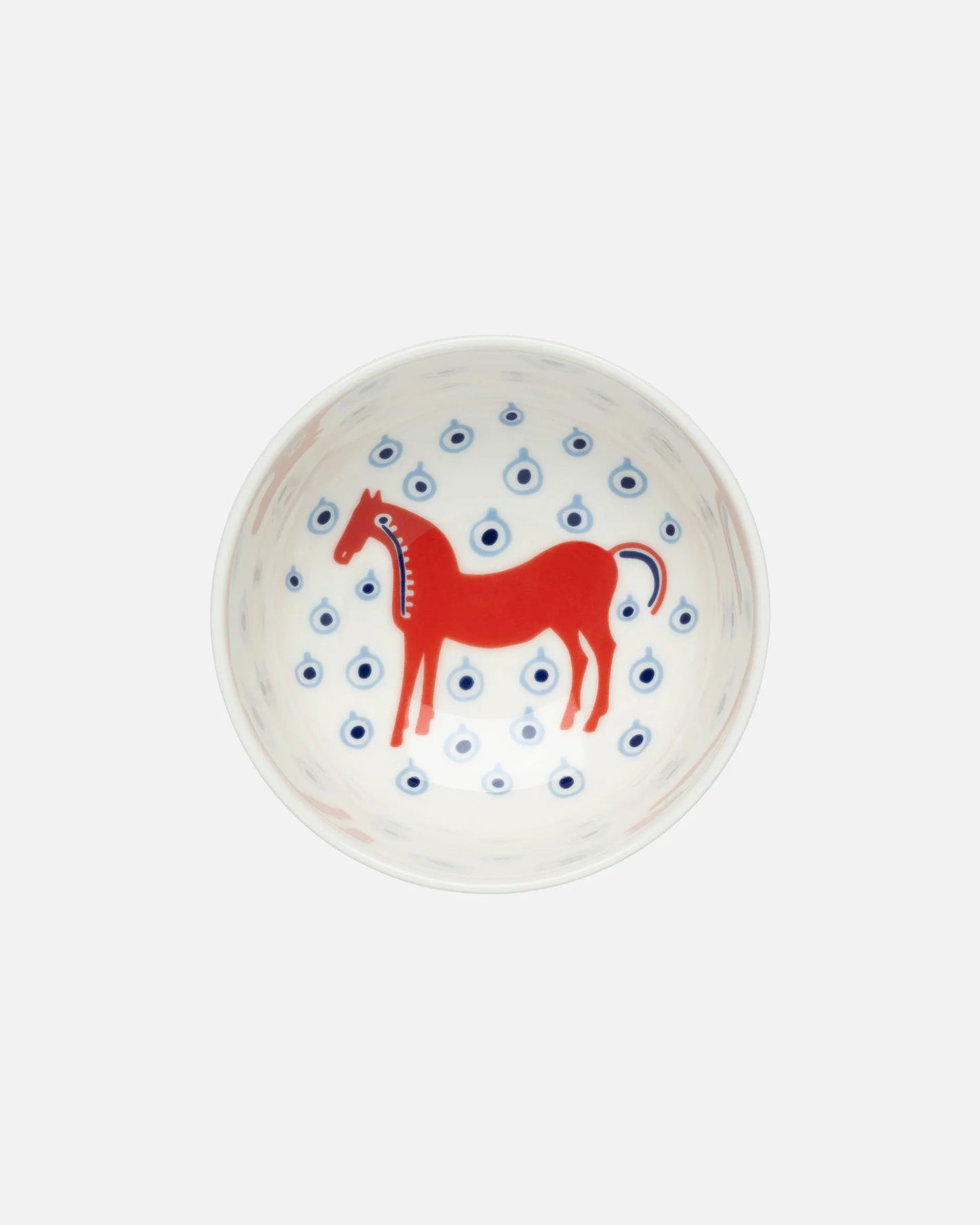Round ceramic plate with a red horse design on a white background