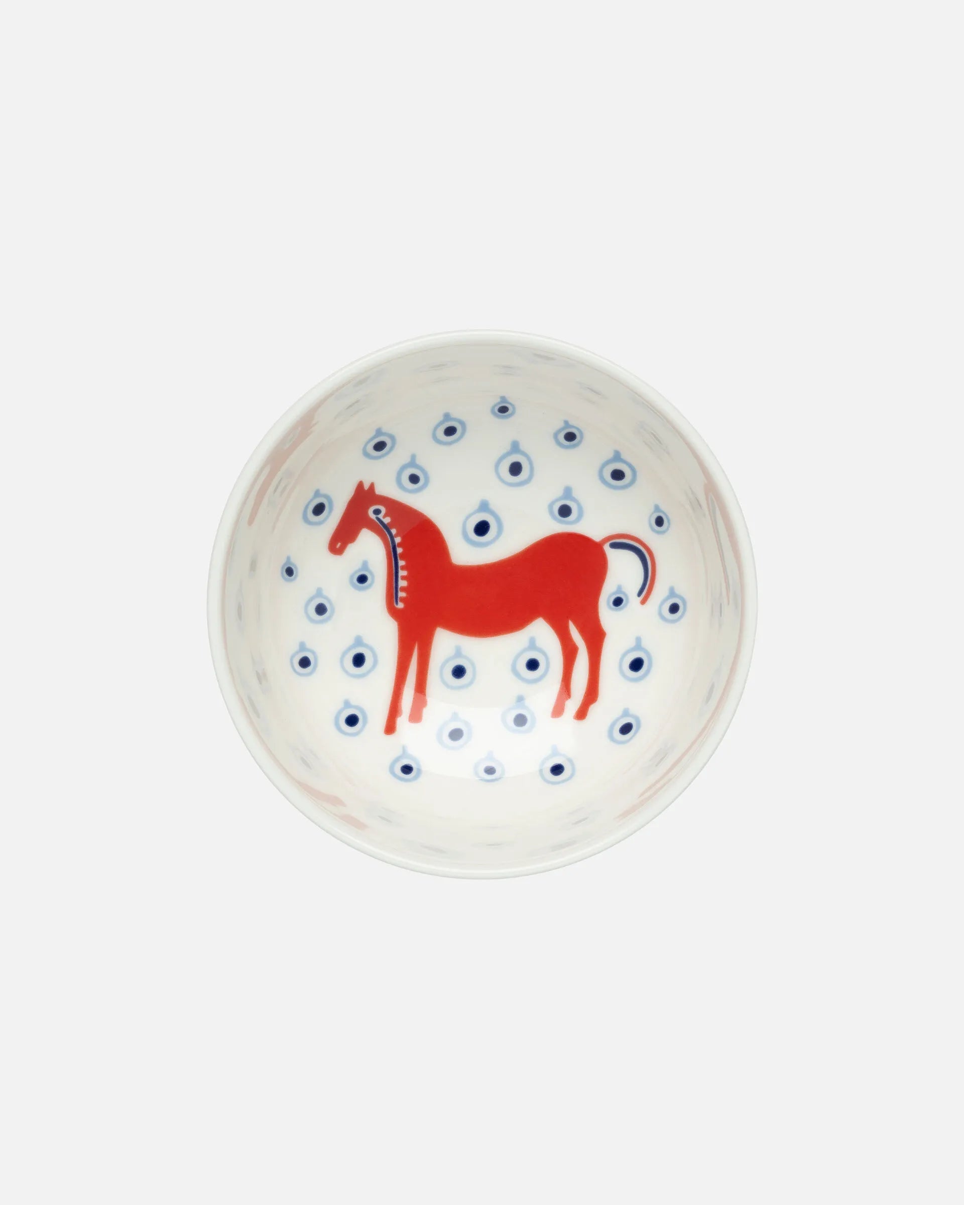Round ceramic plate with a red horse design on a white background