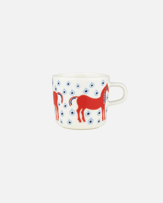 Mug with a red horse design on a white background