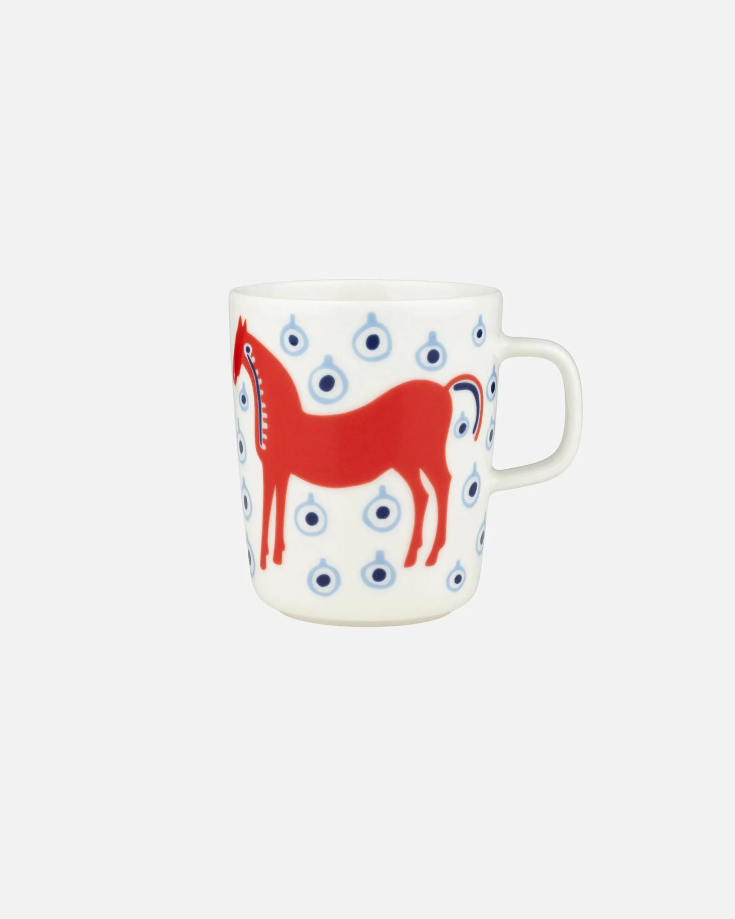 Mug with a red horse design and blue eyes on a white background