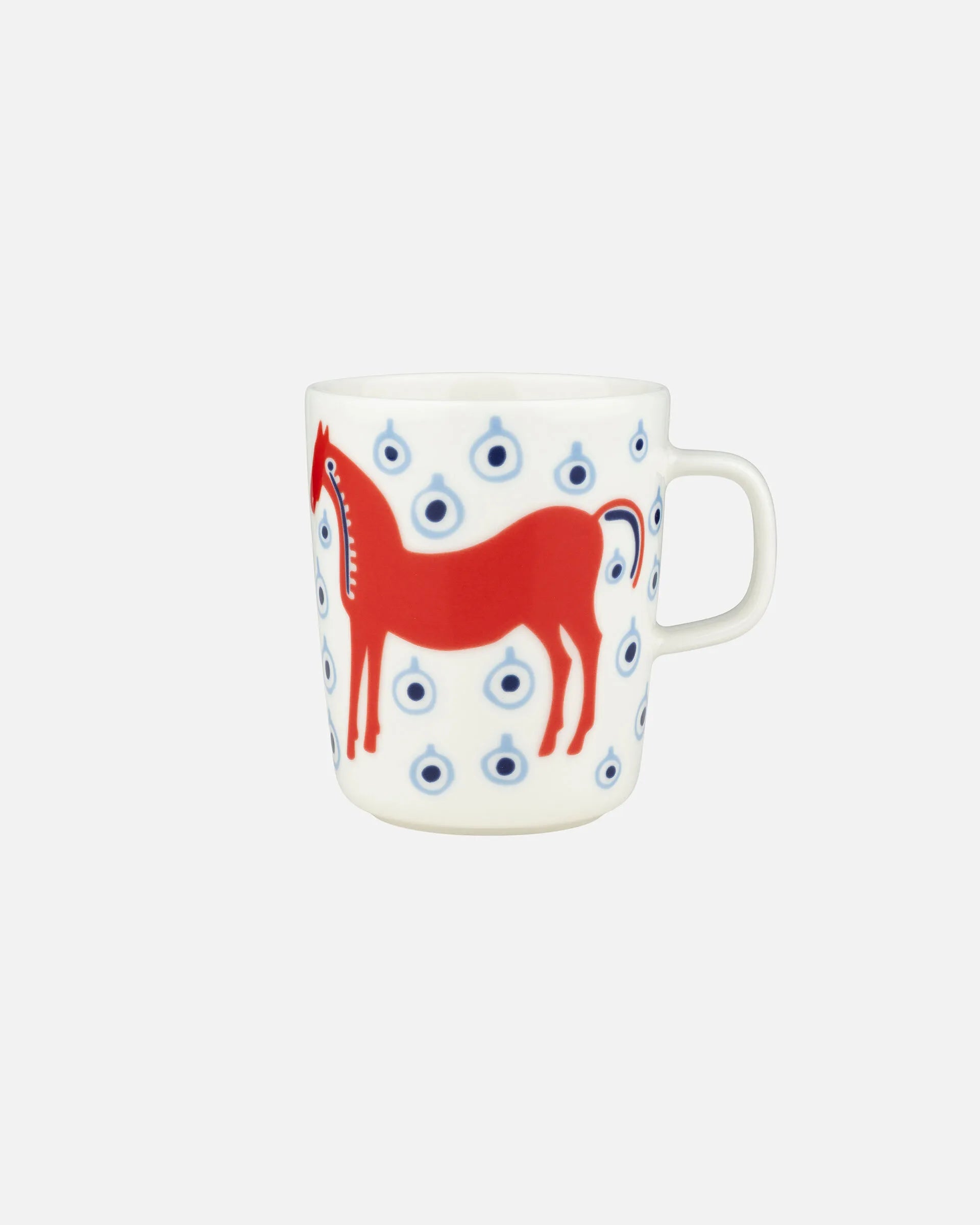 Mug with a red horse design and blue eyes on a white background