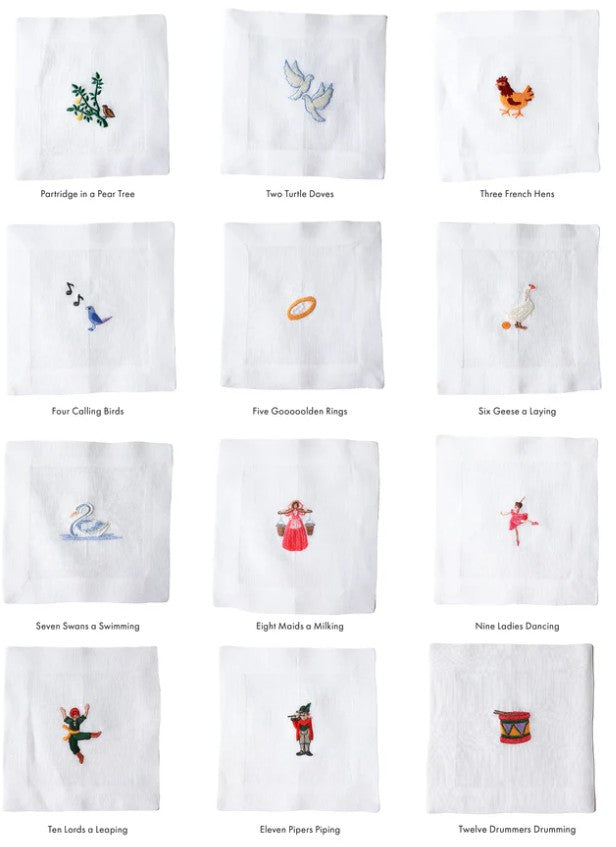 12 Days of Christmas Embroidered Cocktail Napkins Set of 12