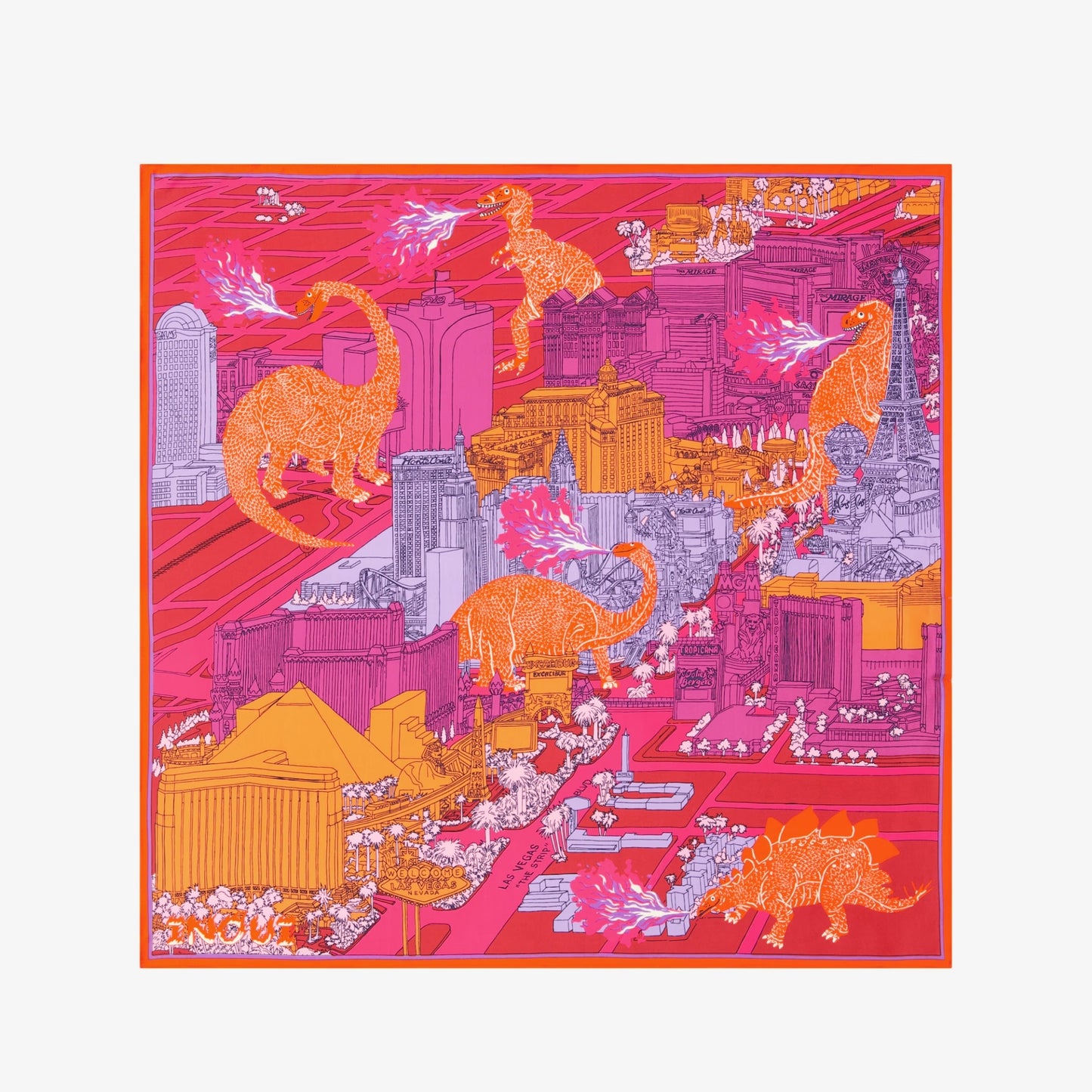 Inoui Editions Silk Square Scarf 65cm Vegas Dragons Fuschia and Orange