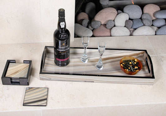 Bar Tray in Lacquered Tucson Paper with Black Trim