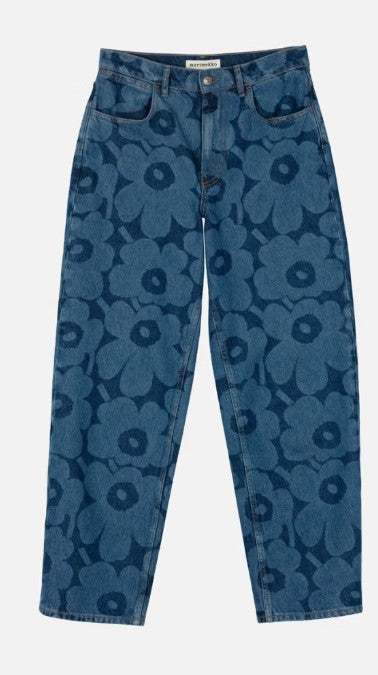 Marimekko Maridenim Blue Denim Unikko Barrel Leg Leg Jean