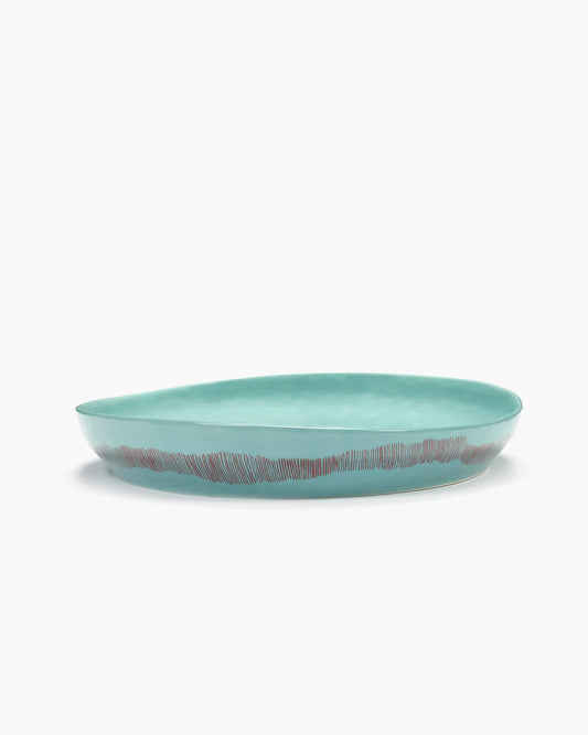 Medium Turquoise Ceramic Serving Plate with Red Stripes by Ottolenghi