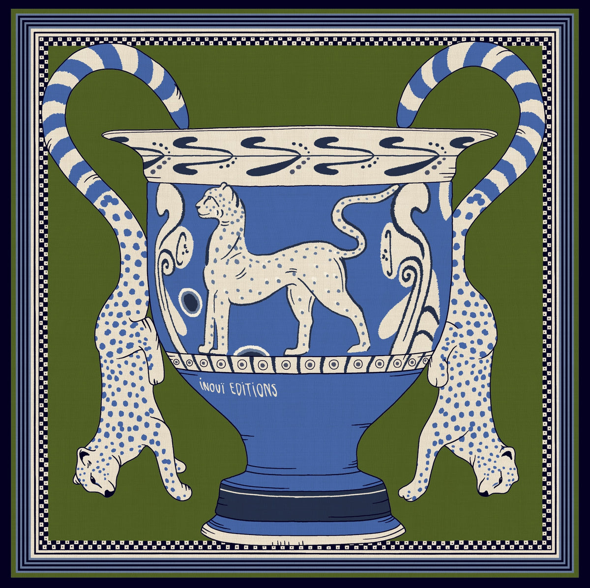 Inoui Editions Square Silk Scarf Green and Blue Urn 22" x 22"