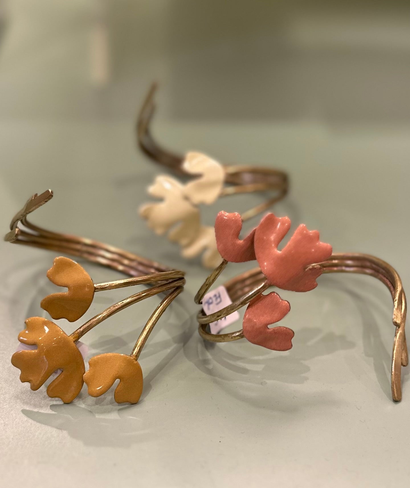 Floral Cuff bracelet brass enamel hand made