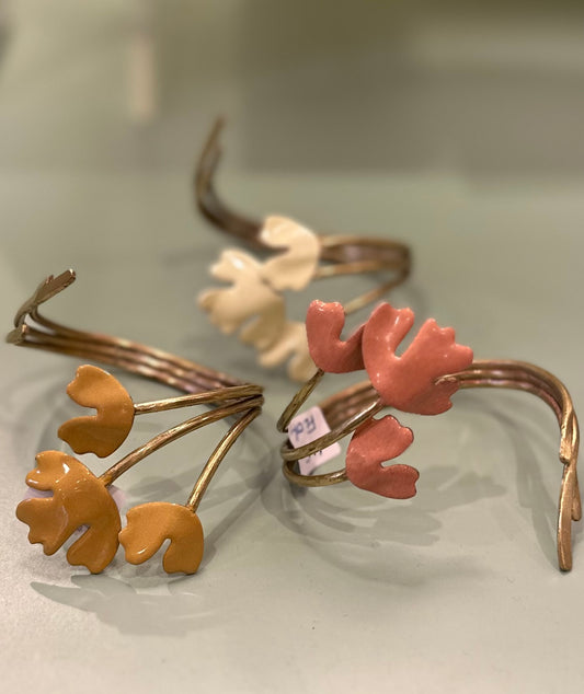 Floral Cuff bracelet brass enamel hand made