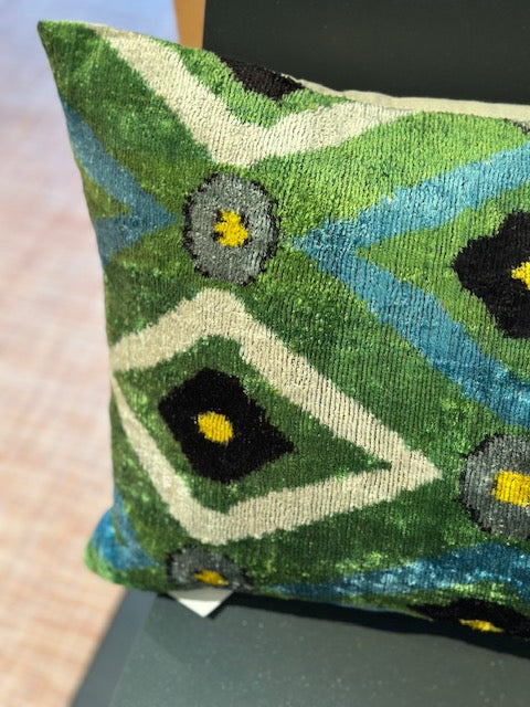 Silk Velvet Ikat Green and Blue Diamond Pillow Cover and Insert