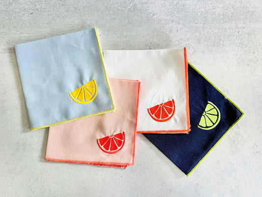 Citrus Embroidered Linen Cocktail Napkins, set of four