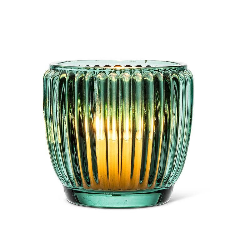 Small Ribbed Votive Teal Green 3"H