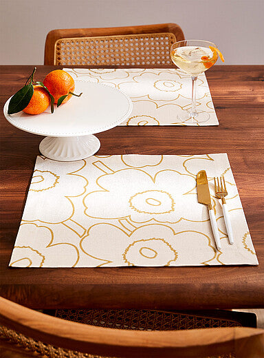 Marimekko Set of 2 Pieni Piirto Unikko fabric placemats GOLD print on natural cotton